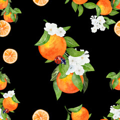 Seamless pattern watercolor with citrus orange fruit tropical background