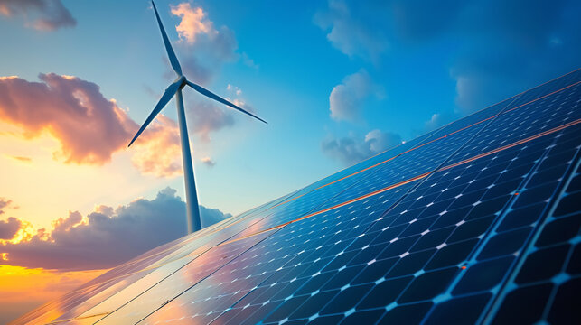an image shows solar panels and wind turbines