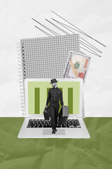 Composite trend artwork sketch image 3D photo collage of young businessman walk on huge laptop hold...