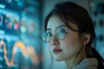 A asian scientist wearing  a white lab coat looks at a wall of data on a screen. scientific medical data research concept