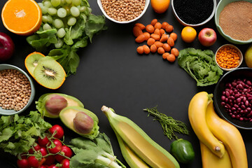 Concept of healthy food Fresh fruits, vegetables, and legumes against a black backdrop - 50 - obrazy, fototapety, plakaty
