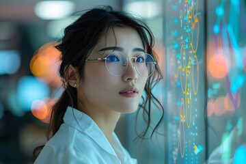 A asian scientist wearing  a white lab coat looks at a wall of data on a screen. scientific medical data research concept