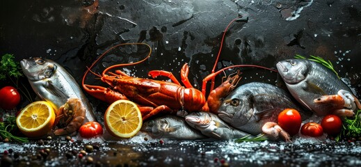 Vibrant Fresh Fish and Seafood Set Against Rustic Black Backdrop - obrazy, fototapety, plakaty