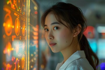A asian scientist wearing  a white lab coat looks at a wall of data on a screen. scientific medical data research concept