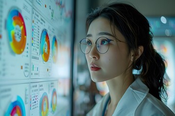 A asian scientist wearing a white lab coat looks at a wall of data on a screen. scientific medical data research concept
