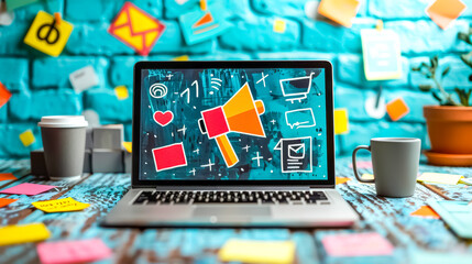 Laptop with colorful icons for advertising on the website, advertising and marketing strategies, social media, ad, advertisers, sales targeting, digital marketing commerce online sale concept - obrazy, fototapety, plakaty
