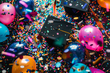 Obraz premium Graduation cap with confetti and balloons, bright graduating banner, poster.
