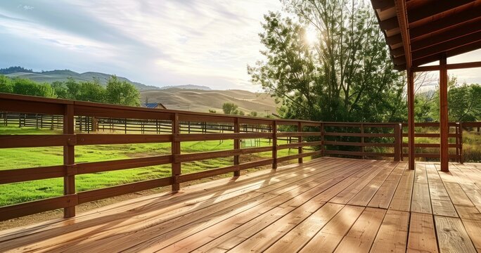 Exterior of Horse Ranch Showcasing Expansive Wooden Deck Space