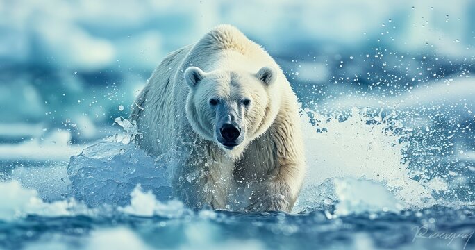 Polar Bear Shaking Off Water Drops on Drifting Icy Terrain