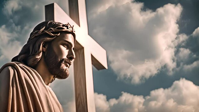 The resurrected Jesus Christ ascending to heaven above the bright light sky and clouds and God, Heaven and Second Coming concept Heaven and cross, Faith and salvation of Jesus Christ 4k video