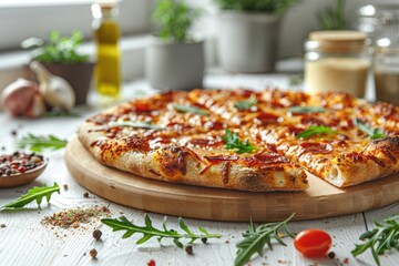 a slice of pizza is placed on a small modern wooden board on a clean kitchen table professional...