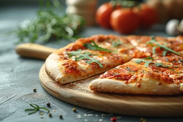 a slice of pizza is placed on a small modern wooden board on a clean kitchen table professional advertising food photography