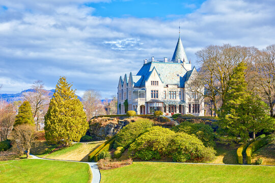 Bergen, Norway - March 29, 2024: Historic royal castle Gamlehaugen with a surrounding park in Bergen, Norway