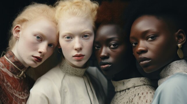 Four women with different skin tones are standing close together