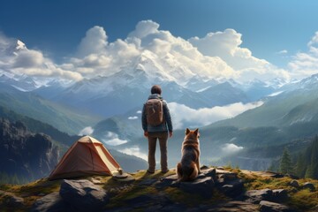 A man with a dog is traveling in the mountains. Beautiful mountain landscape, a camping place with...