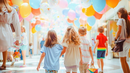Rear view of children arriving at the children's party room, very decorated, balloons of many colors and gifts, happy children, children dressed in fashion, casual, informal