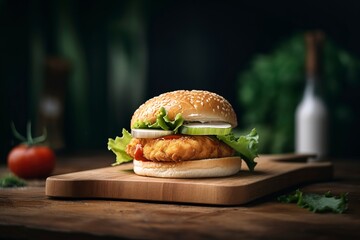 Classic chicken burger on wooden table