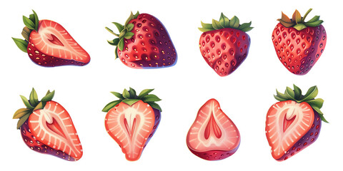 Illustration of Juicy set of  strawberries in various slices and angles isolated on a png transparent background.
