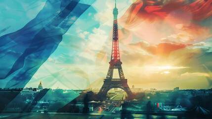 Eiffel Tower in Paris, France. Double exposure. Travel and tourism concept. Ai generative.