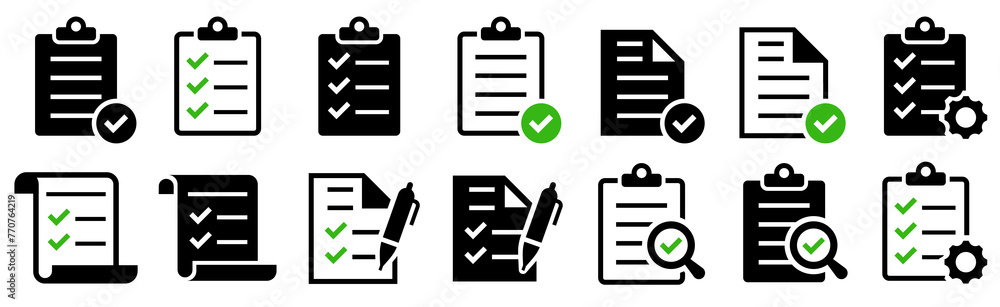 Poster checklist icon set. clipboard checklist or document. checkmark, document, checkbox on paper and more