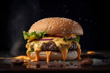 Delicious hamburger with dripping cheese