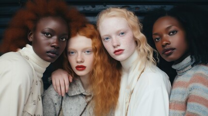 Obraz premium Four women with different hair colors and styles pose for a photo