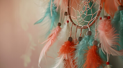 Dream catcher hanging in a light room, closeup ,Dream catcher, and abstract bokeh background
 - obrazy, fototapety, plakaty