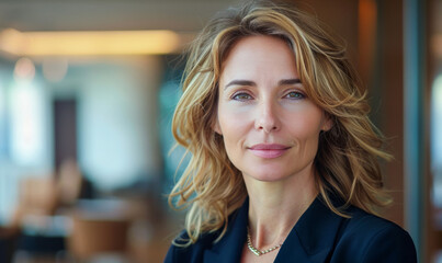 Fototapeta premium A professional businesswoman stands in a contemporary office lobby, exuding confidence.