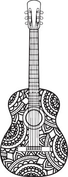 Guitar with floral style coloring page, ukulele with floral background design for t-shirt