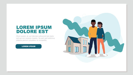 Fototapeta premium Adobe IlluVektor-Illustration eines Paares, das vor seinem Haus steht, mit einer abfallenden Börsenkurve im Hintergrund - Immobilienkonzeptstrator Artwork