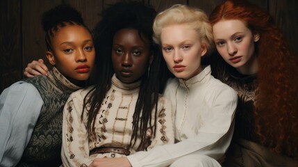 Fototapeta premium Four women with different hair colors and styles are posing for a photo
