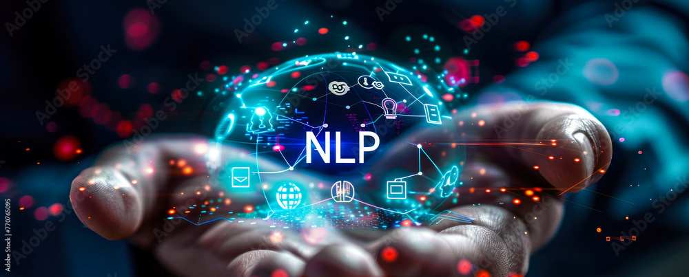 Poster person holding holographic sphere displaying nlp and technology icons, concept of natural language p