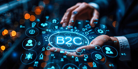Fototapeta premium Marketing Director Showcasing B2C Strategy with a Global Network Visualization for Enhanced Consumer Reach and Engagement