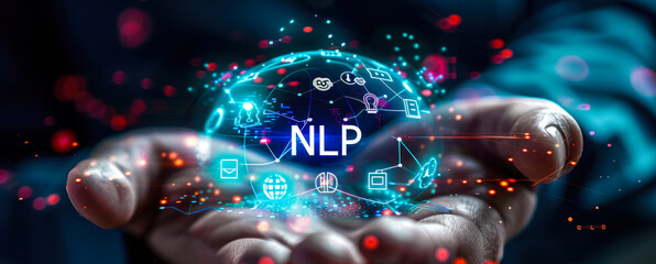 Person holding holographic sphere displaying NLP and technology icons, concept of natural language processing and its applications in various domains such as AI, data analysis, and automation