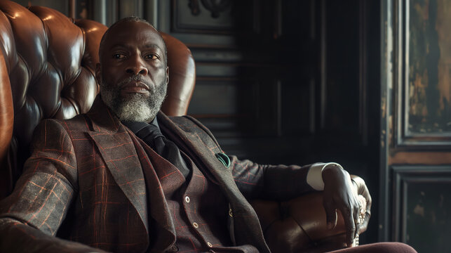 Cinematic photo of an African American man in his late forties with short gray hair and beard, wearing a three piece suit sitting on a leather chair in a dark room with a luxurious interior design
