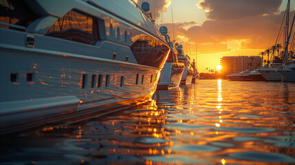 A luxurious yacht club nestled along the pristine shoreline, with sleek sailboats and motor yachts moored at private docks, their gleaming hulls reflecting the golden light of the - obrazy, fototapety, plakaty