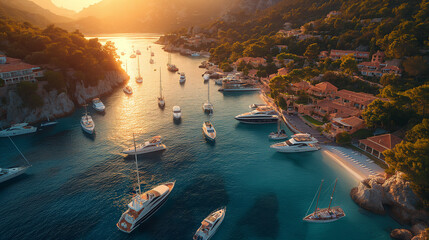 A luxurious yacht club nestled along the pristine shoreline, with sleek sailboats and motor yachts moored at private docks, their gleaming hulls reflecting the golden light of the - obrazy, fototapety, plakaty