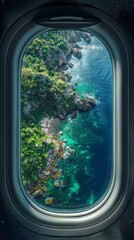 Naklejka premium Airplane window, summer, sea, photograph. View from the place. Arriving to exotic destination. Travel.