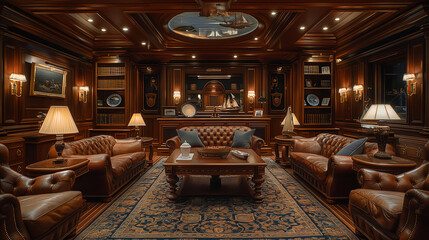 Inside the opulent clubhouse of an exclusive yacht club, members relax in plush leather armchairs and admire the nautical-themed decor, with model ships and vintage sailing memorab - obrazy, fototapety, plakaty