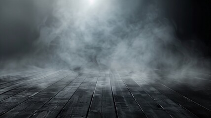  Mystical mist. Swirling smoke in dark and light symphony. Fluid fantasia. Abstract dance of fog and light on floor with black background  - obrazy, fototapety, plakaty