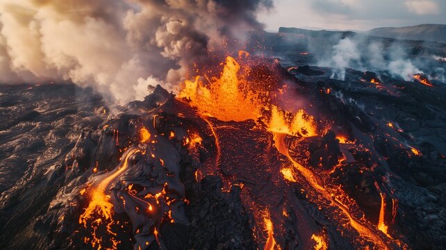 Volcanic eruption. Ai. Volcano erupts with hot lava, fire and clouds of smoke.