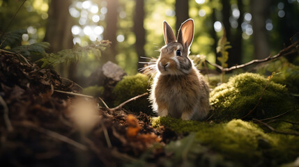 Frolicking Rabbit in Sunlit Glade - obrazy, fototapety, plakaty