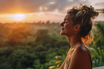 A relaxed woman with curly updo hair basks in the glow of a serene sunset, surrounded by the lush foliage of a tropical landscape.