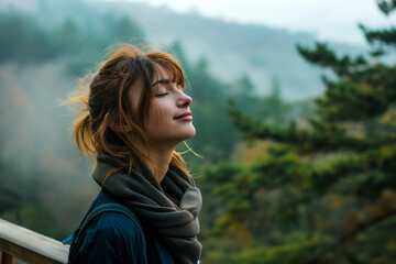 Young woman with eyes closed, savoring the fresh mountain air, surrounded by lush greenery in a peaceful natural setting.
