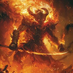 In the midst of a raging inferno the Oni Slayer faces off against a towering monstrosity spawned from the darkest depths of the abyss. With their cursed katana ablaze with infernal energy - obrazy, fototapety, plakaty