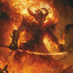 Foto op Aluminium In the midst of a raging inferno the Oni Slayer faces off against a towering monstrosity spawned from the darkest depths of the abyss. With their cursed katana ablaze with infernal energy © Mini