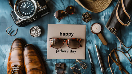 Father's Day greeting on a vintage note adorned with men's complements against a rustic wooden blue backdrop - Powered by Adobe