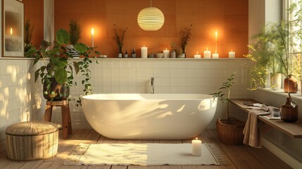 Cozy Bathroom Interior with Freestanding Bathtub and Mood Lighting