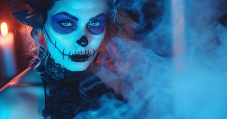 Eerie Portrait of Woman Adorned in Halloween Gothic Makeup - obrazy, fototapety, plakaty