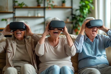 Three joyful senior citizens experience the thrill of virtual reality, laughing and exploring digital worlds from their living room.
